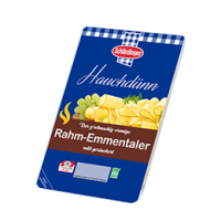 Das Bild zeigt den geräucherten Schärdinger Rahm-Emmentaler hauchdünn in Scheiben