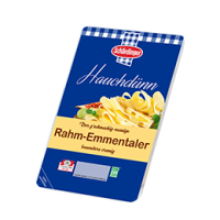 Das Bild zeigt den milden Schärdinger Rahm-Emmentaler hauchdünn in Scheiben